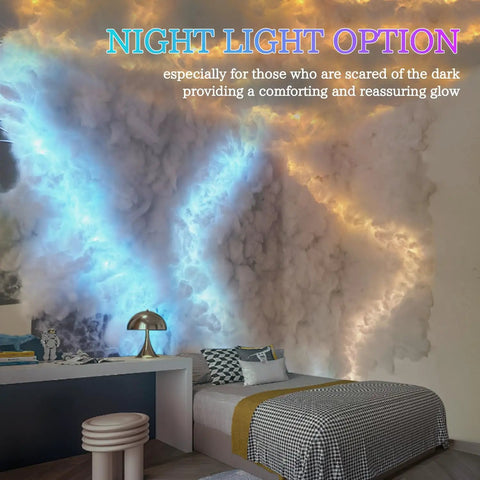 Thundercloud LED Cloud Light With 16 Feet Cord, multicolor RGB lamp illuminating a bedroom with cloud effects.
