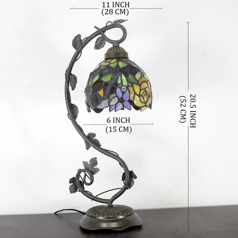 Tiffany Style Red Rose Stained Glass Table Lamp With Bronze Metal Leaf Base 21 Inch Reading Desk Lamp For Bedroom Or Home Office Cozy Vibe