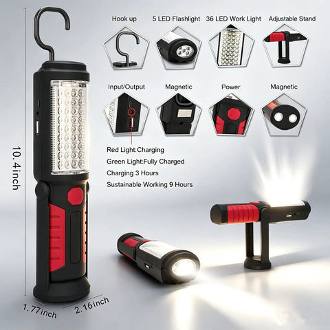 Go To Rechargeable LED Work Light With Magnetic Base And Hanging Hook Portable Waterproof All Purpose Flashlight For Car Repair
