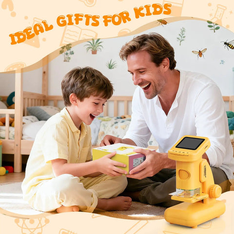2-In-1 Kids Digital Microscope for Outdoors and Home, Switch Between Handheld and Desktop, HD Screen Video Capture, 9-Slide Science Kit, Portable STEM Toy Gift for Ages 6-12 Boys and Girls, Learn Like a Boss Scientist; father and son unboxing