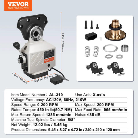 X Axis Power Feed For Milling Machines, 450 In-Lb Torque, 0-200 RPM Speed Control, 110V with components layout