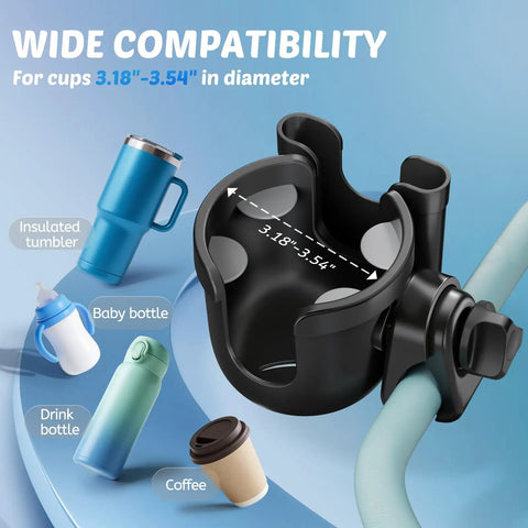 Two Pack Cup Holder Attachment For Strollers Walkers Wheelchairs And Bikes And Scooters With Built In Phone Holder And Adjustable Clip Fits All Bottle Sizes And Most Handles shown on handlebars with wide compatibility features and dimensions for cup sizes 3.18" to 3.54" in diameter