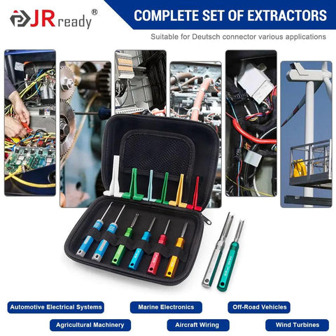 Deutsch Connector Tool Kit for DT DTM DTP DTV HD Series with Pin Removal Tool displayed with different extractor sizes in case