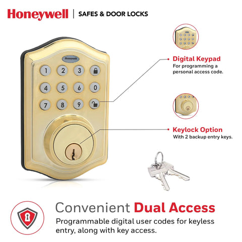 Hella Secure Keyless Entry Door Lock Featuring Smart Electronic Keypad Deadbolt Auto Lock Polished Brass Finish with digital keypad.
