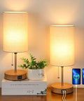 Two Pack Table Lamps With USB Ports For Living Room Bedroom Office Modern Bedside Nightstand Lamps Dope Cream Fabric Shade Oak Metal Base