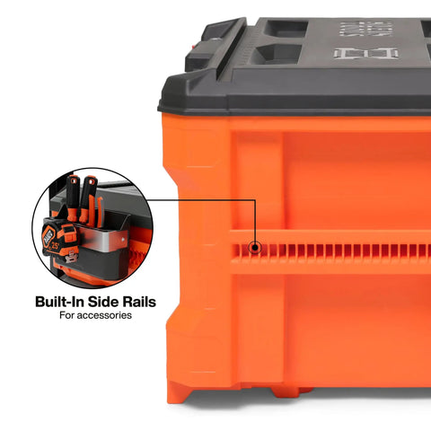 Bombproof 3 Drawer Tool Organizer Stackable Storage Bin With Swivel Adjustable Dividers And 50 Pound Rating showing built-in side rails for accessories.