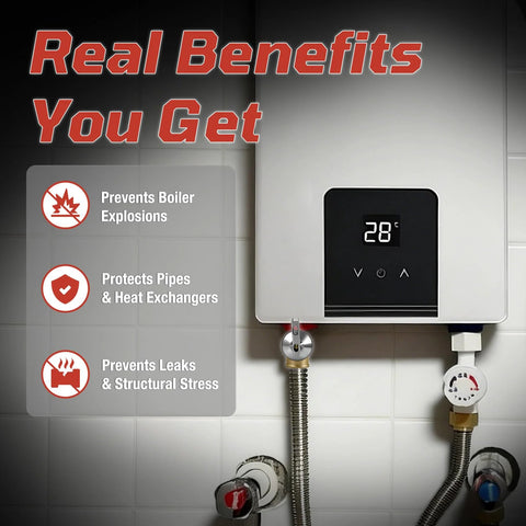 3/4 inch boiler relief valve 30 PSI displayed near boiler, showcasing benefits like preventing explosions, protecting pipes, and preventing leaks.