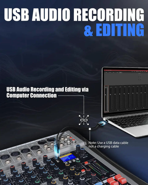 USB connection from Eight Channel Pro DJ Mixer With Individual Channel Control And USB Recording To Computer Beefy All Metal Build Six Channel Option For Flexible Live Sets And Studio Editing to laptop for audio recording.