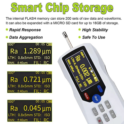 Top Notch Surface Roughness Tester Profilometer For Precision Metal Machining QC, digital display with diamond probe and readings.
