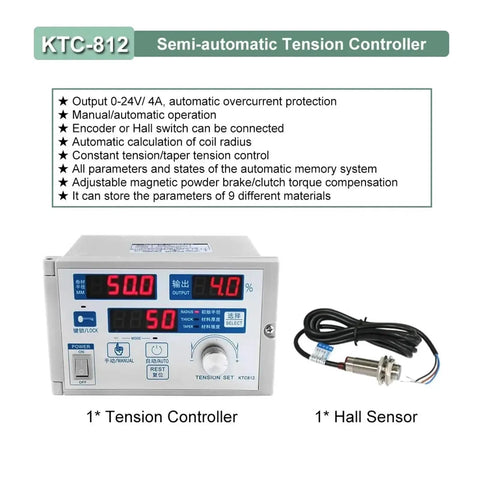 Semi-automatic tension controller KTC-812 with display, knob, buttons, and hall sensor cable for precise tension control.
