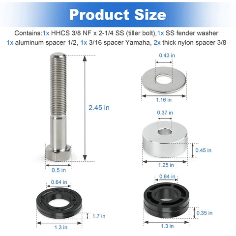 HO5090 Hydraulic Steering Cylinder Spacer Kit For Low HP Outboard Boats Compatible With Teleflex HC5345 3 HC5348 3 HC5358 3 Includes Tiller Bolt Fender Washer Aluminum Spacer Yamaha Spacer product size chart showing components and measurements.