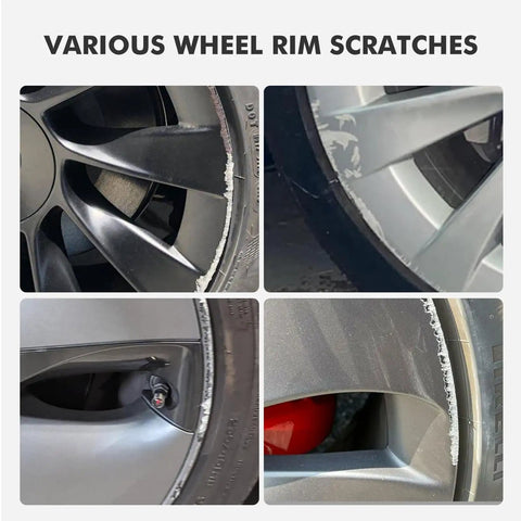 Various wheel rim scratches showing curb rash and damage, demonstrating need for Revamp Your Daily Driver With Sonic Silver Rim Touch Up Paint For Tesla Wheels Easily Covering Curb Rash And Rock Chips Quick Dry Formula Protects Against Rust While Giving You That Slick Factory Look Smooth Ride.