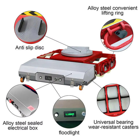 Kickstart Your Heavy Lifting With A Motorized Remote Control Machinery Dolly! Features anti-slip disc, alloy steel, and universal casters.