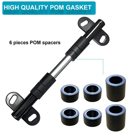 Hardcore Heavy Duty Wheelbarrow Axle Bracket Kit With Solid Five Eighth Inch Shaft And Bulletproof Steel Brackets Pom Gaskets Plus Complete Bolt And Nut Set For Stress Free Yard Work showing 6 POM spacers and a solid axle.