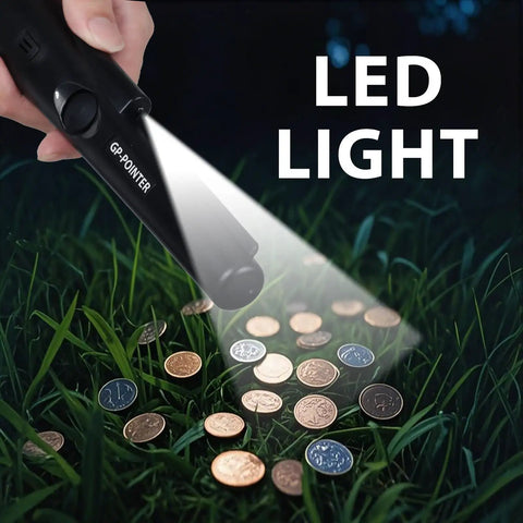 Handheld Metal Detector Pinpointer Hit The Spot Search Tool For Beach And Backyard Snags High Sensitivity Vibration Buzz Fast Finds Zero Sweat Searching For All Levels illuminating coins on grass with LED light