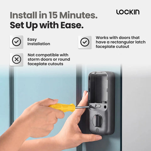 Installation of All In One Front Door Smart Lock With Palm Vein And Fingerprint Scanning keyless entry, screwdriver in hand.