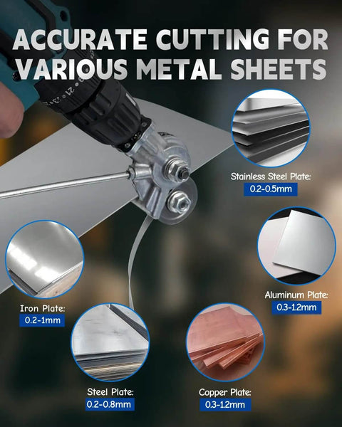 Upgraded Electric Drill Plate Cutter Metal Nibbler Attachment in use on steel sheet with material cutting thickness guide