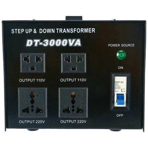Front view of Rugged 3000VA Voltage Transformer Power Converter 110V To 220V AC Converter For Home Use with sockets and switch.