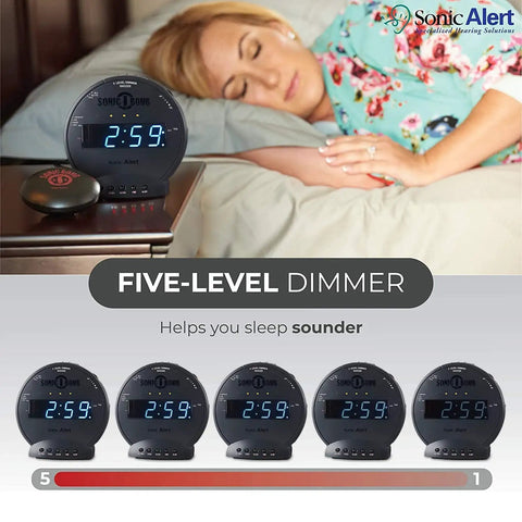 Heavy Duty Alarm Clock For Stubborn Sleepers With Rock Solid Bed Shaker Glaring Red Strobe Lights Serious Sonic Punch adjustable five-level dimmer in bedroom.