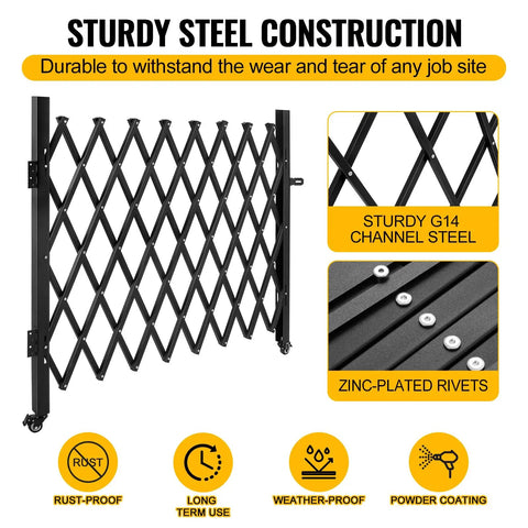 Heavy Duty Single Folding Security Gate With Smooth Roll Casters Big Time Rigid Steel Build Flex Fold Barricade close-up of sturdy G14 channel steel construction.