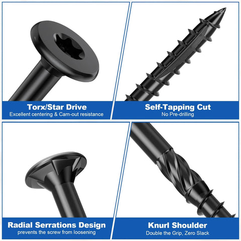 Close-up of Deck Screws Kit with 120 piece wood screws assortment, featuring Torx drive, self-tapping cut, black finish.