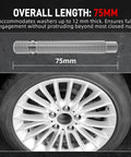 Solid 75mm Wheel Stud Conversion Kit Made From Heavy Duty 4135 CrMo Steel With Tough M12 Thread Perfect For Most E-Series Chassis Vehicles And Big Rims 75mm wheel stud and fitted wheel view