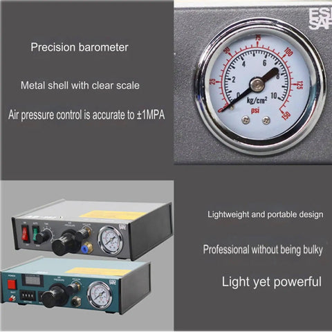Peristaltic Glue Dispenser Machine With Digital Display Auto And Manual Modes Timed Dispensing For Precision Component Assembly Smooth Reliable Easy Setup For Industrial Electronics And PCB Work, front panel