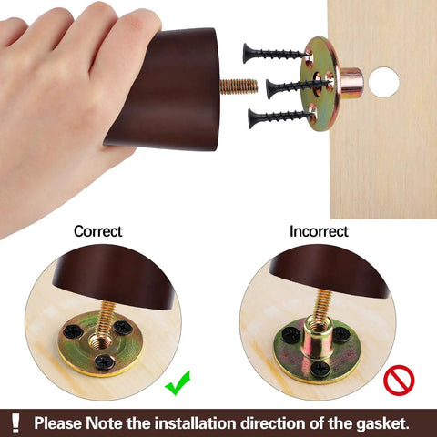 Installation guide for Eight Pieces 3 Inch Round Solid Wood Furniture Legs with M8 T Nuts, showing correct and incorrect methods.