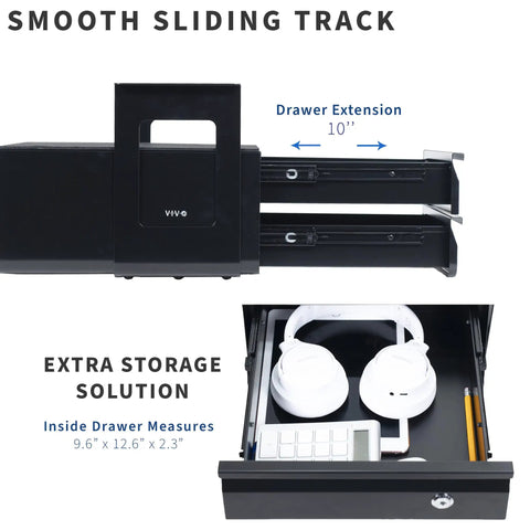 Under Desk Double Stacked Slide Out Drawers With Lock For Secure Home Office Storage Organizer, black with sliding track and interior view.