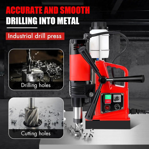 PeakPursuit Portable Magnetic Drill Press 1300W 810Rpm For Steel shown drilling metal, highlighting its compact design and versatile use.