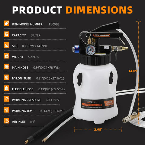 Four Uncles 3L Pneumatic Transmission Fluid Pump with ATF Adapters shows dimensions and features for automotive use.