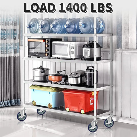 Stainless steel shelf on expandable stem caster wheels supports 1400 lbs