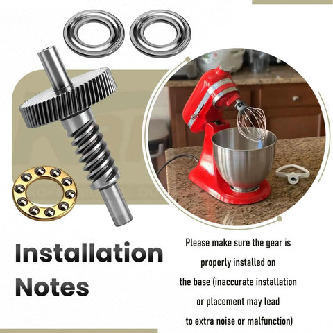 Whirlpool WP9709231 Mixer Gear Replacement Kit for KitchenAid with thrust bearing and worm gear, installation notes shown.