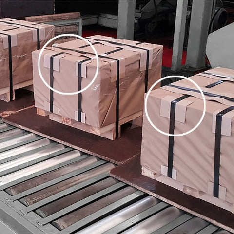 Beefy Steel Strapping For Pallets, One Half Inch Wide, 0.020 Inch Thick, Core 16x3, 2,940 Feet Roll used on wrapped pallets