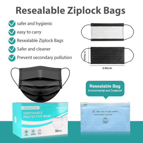 4 Layer Black Disposable Mask With White Inside Breathable Single Use Dust Mask For Adults Men Women Upgraded Wider Soft Earloops For Comfortable All Day Wear Lightweight Everyday Protection 50 Pack Box shown with packaging and resealable bags