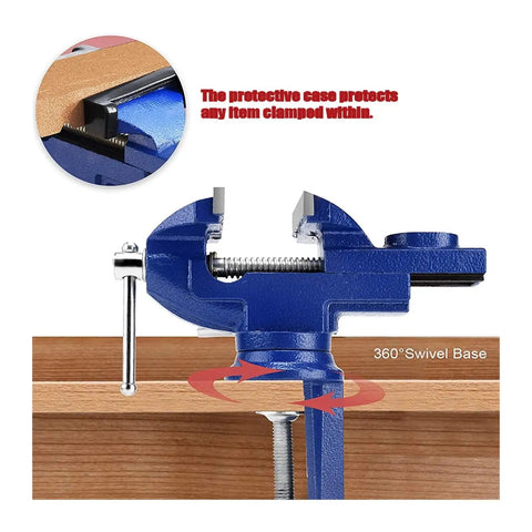 Heavy Duty Universal Bench Vice Machine Vise Clamp For Woodworking And DIY Projects Full Metal Construction With Large Anvil Super Stable Clamping Force showing blue vise with 360° swivel base.