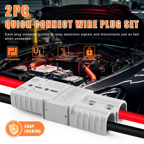 2PC quick connect wire plug set in use for car battery system showcasing features.