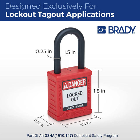 Top Shelf Safety Lockout Tagout Padlock Set Six Pack Of OSHA Compliant Nylon Locks With Key Retaining Brass Core And Smooth Operator Finish For Serious Jobsite Hustle, red padlock with dimensions.