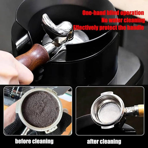 Automatic Electric Espresso Portafilter Knock Box With Touchless Sensor And No Sweat Dry Ground Cleanup For Your Home Bar Pro Or Cafe Crew Easy Machine Setup showing before and after cleaning.