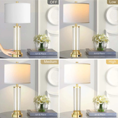 Touch Control Table Lamp Set Of 2 With USB Ports, 3 Way Dimmable Nightstand Lamps in cream fabric showing brightness settings