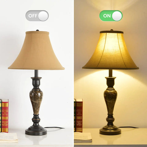 Three Piece Living Room Lamp Set With Vintage Table And Floor Lamps, Sturdy Iron Bases And Brown Fabric Shades, Art Deco Inspired Style For Bedroom, Reading Nook, Or Home Office, table lamp off and on comparison.