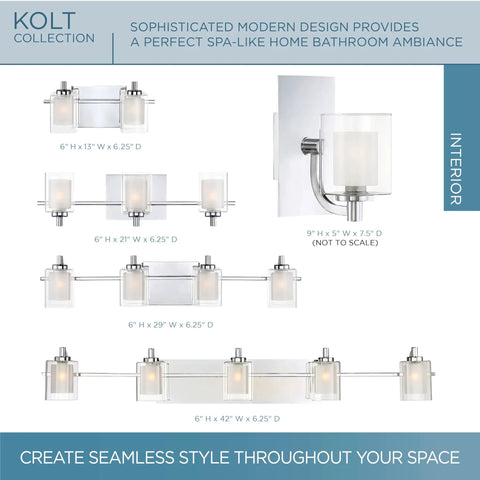 Kolt Modern Vanity Bath Lighting 3 Light LED Fixture in Polished Chrome, multiple sizes shown for modern bathroom setup.