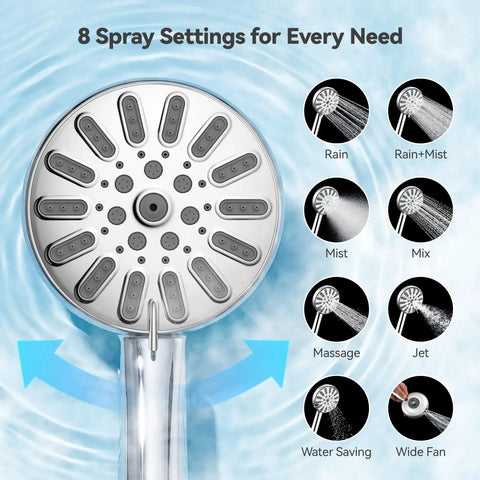 Silver High Pressure Rain Shower Head Combo With Magnetic Handheld And Smooth Quick Snap Mount For Modern Bathrooms showing 8 spray settings.