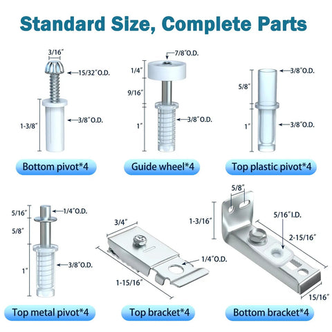 Slick Bifold Closet Door Hardware Kit As Heavy Duty Bi fold Sliding Accordion Door Repair Parts components showing steel parts and nylon rollers.