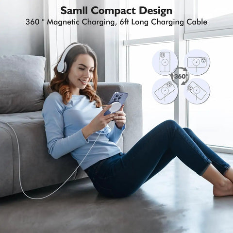Woman using MFi Certified Magnetic Wireless Charger For iPhone 17 16 15 14 Series, with 6ft cable, in living room