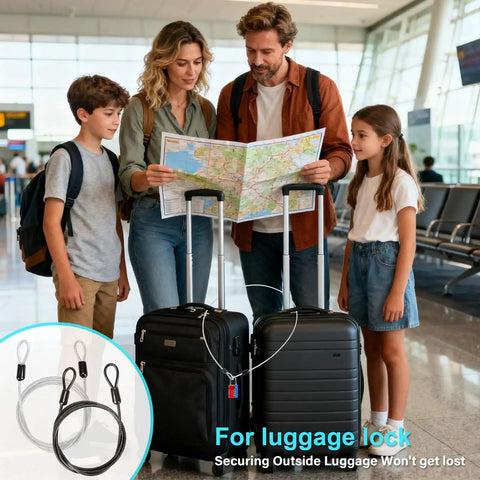 Family in airport with suitcases secured by Two Pack Outdoor Travel Security Cable With Loops on luggage handles.
