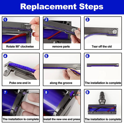 Replacement steps for Soft Plush Strips Plus Front Roller Axle Replacement Kit for Dyson V6 V7 detailed in nine images