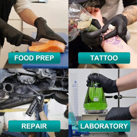 Black vinyl exam gloves, medium size, collage showing food prep, tattooing, car repair, and laboratory use