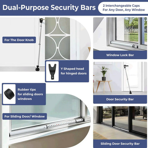 Heavy Duty Adjustable Sliding Door Security Bar With Swappable End Caps Locks Windows And Patio Doors Tight From Inside Measures Seventeen To Forty Six Inches For Solid Home Defense displayed with Y-shaped head and rubber tips.