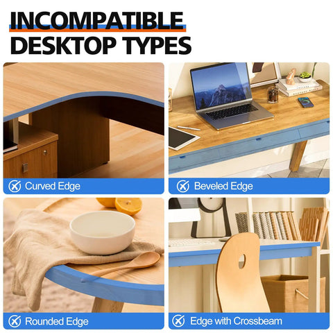 Image showing incompatible desktop types for Large Height Adjustable Keyboard Tray With Sturdy C Clamp Mount And Storage Drawer.